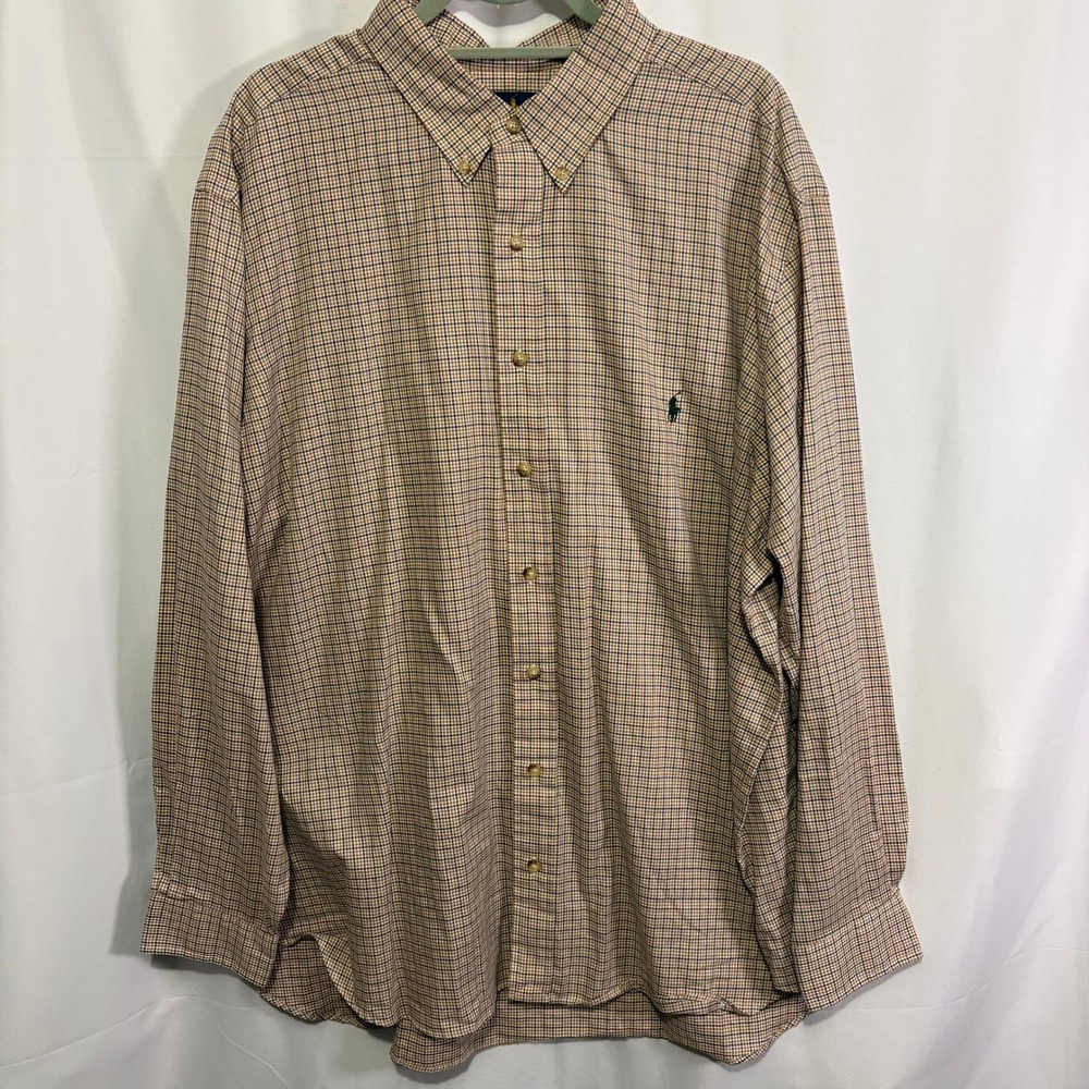 Polo Ralph Lauren Mens 2XB Big Classic Fit Plaid Cotton Shirt Tan Heritage Pony